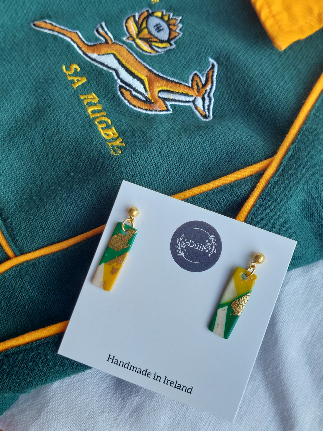 Springbok statement dangle earrings | Green, yellow, white & gold earrings | Dúil Jewellery | Dúil