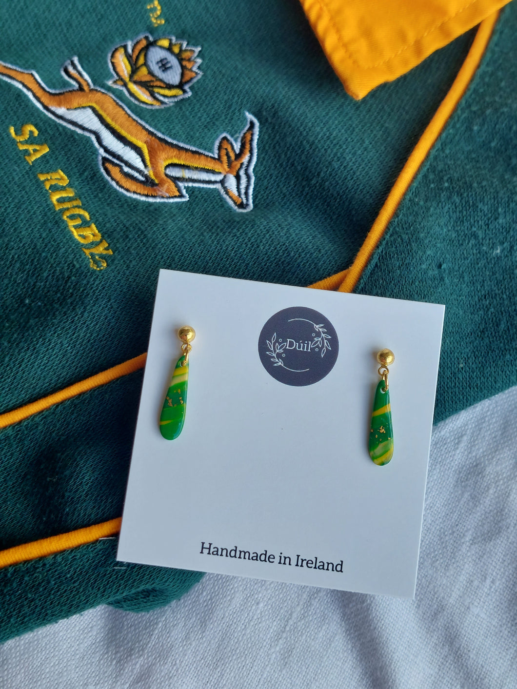 Springbok drop earrings | Green, yellow & gold earrings | Dúil Jewellery | Dúil