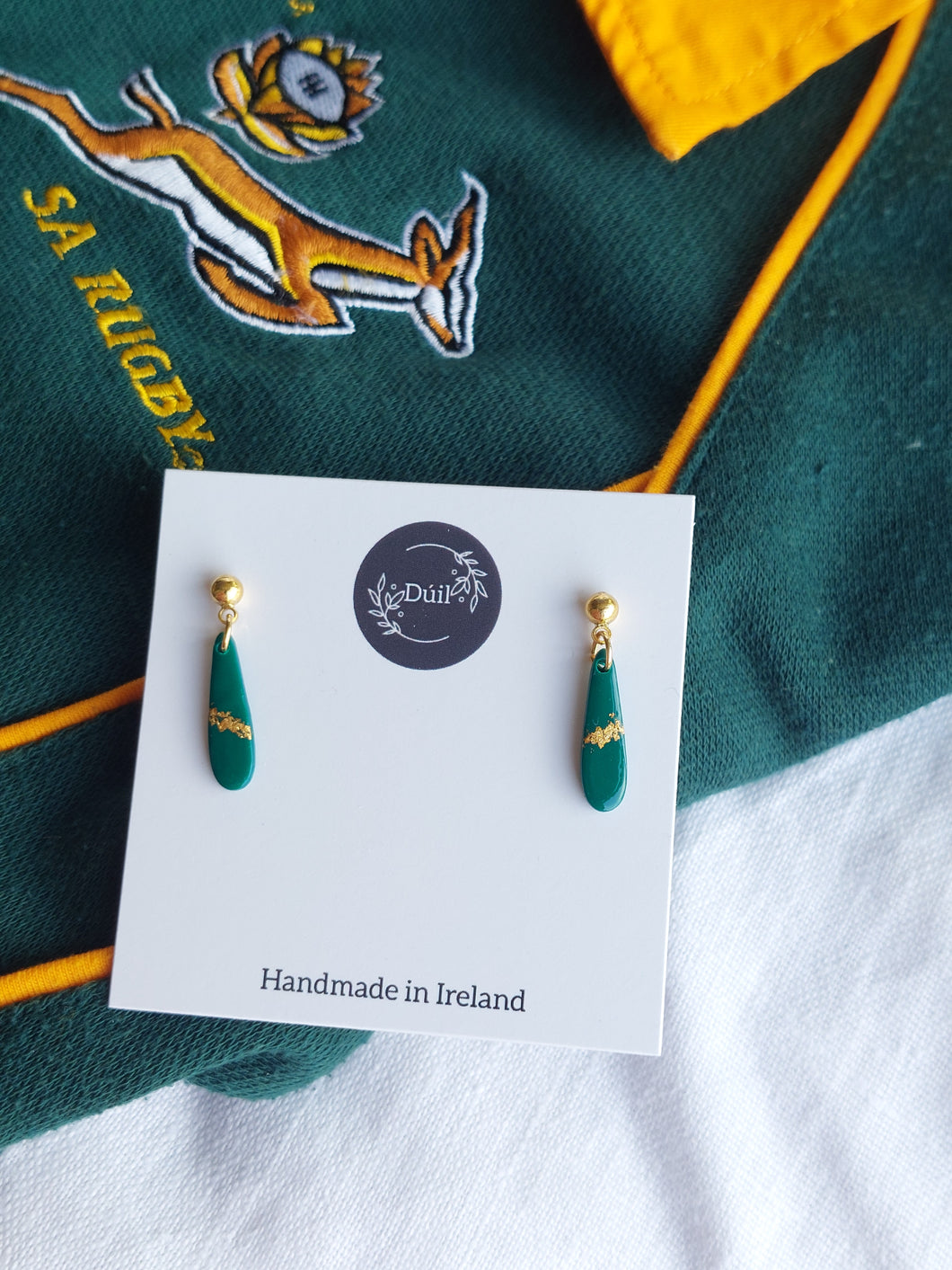 Springbok drop dangling earrings | Green & gold earrings | Dúil Jewellery |Dúil