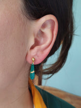 Load image into Gallery viewer, Green &amp; gold drop dangling earrings | Dúil jewellery | Dúil
