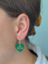 Load image into Gallery viewer, Shamrock green hoop dangling earrings | Ireland earrings | Dúil jewellery |Dúil
