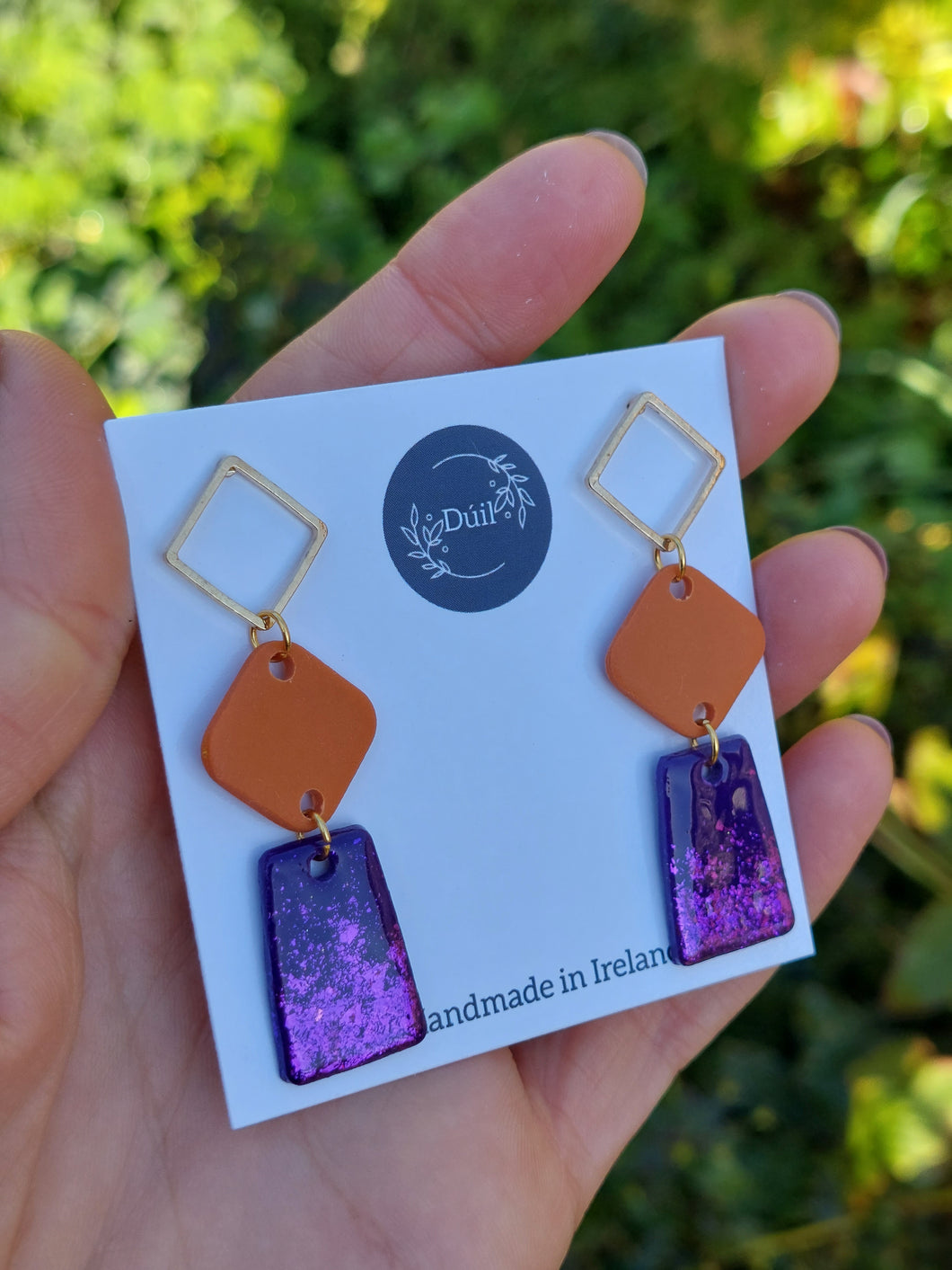 Dúil Bright & bold - Purple & orange statement dangles earrings | Dúil Jewellery | Dúil