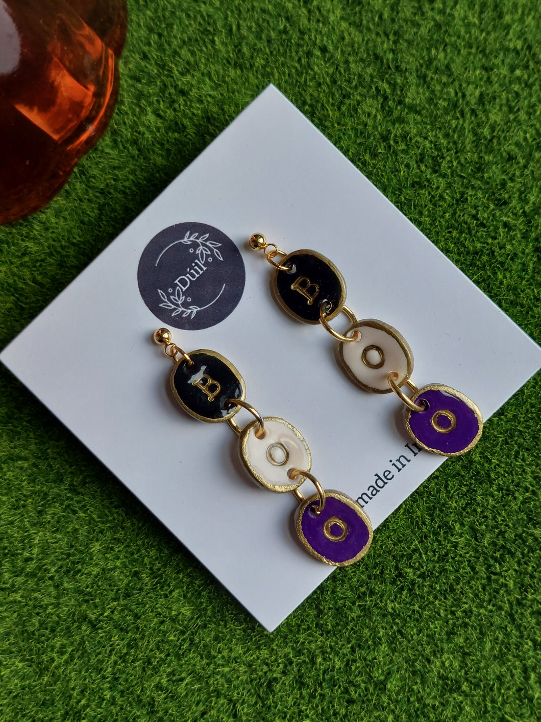 Dúil Boo Black, white & purple earrings | Dúil Jewellery | Halloween earrings