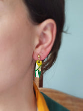Load image into Gallery viewer, Springbok statement dangle earrings | Green, yellow, white &amp; gold earrings | Dúil Jewellery | Dúil
