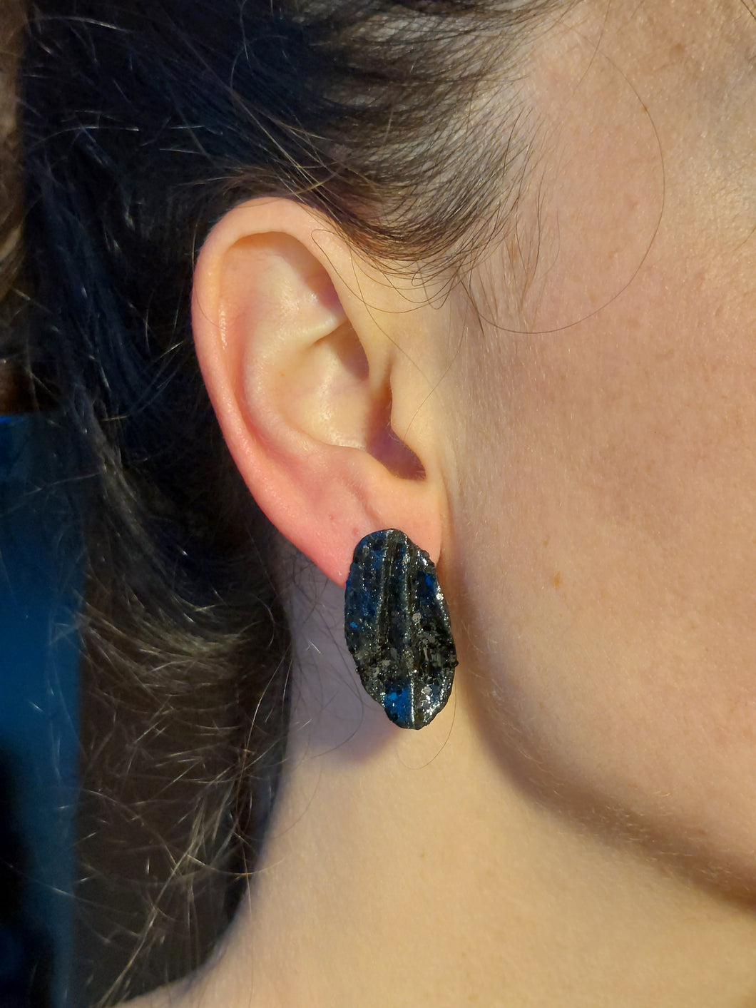 Dúil Black shimmer statement stud earrings | Black earrings | Black jewellery | Polymerclay earrings | Irish made gifts | Irish jewellery | Dúil