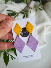 Load image into Gallery viewer, Dúil - purple &amp; yellow statement dangling earrings
