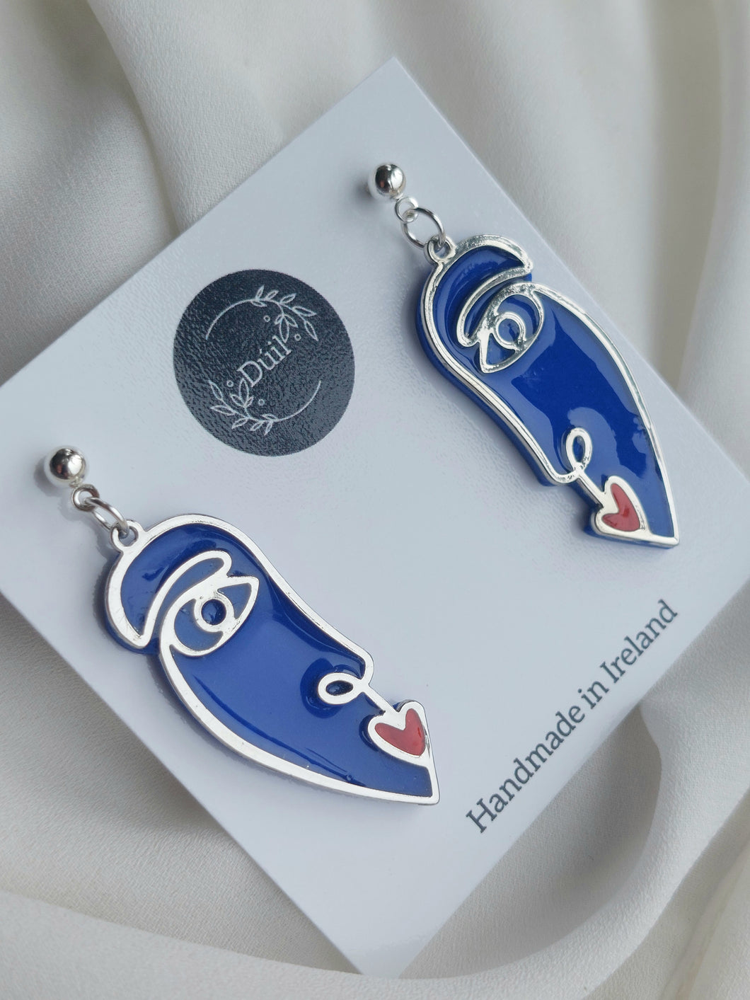 Dúil Silver, blue & red abstract face earrings