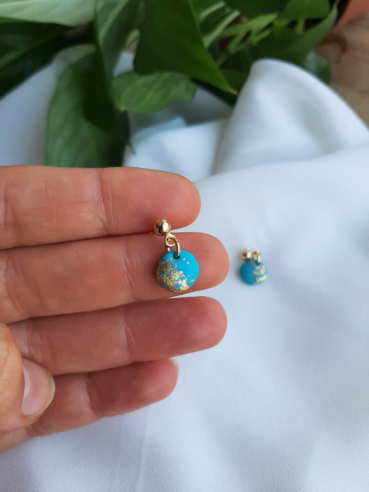 Dúil Dainty blue and gold dangling earrings || small earrings || handmade in Ireland || polymer clay earrings || lightweight earrings