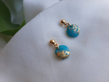 Load image into Gallery viewer, Dúil Dainty blue and gold dangling earrings || small earrings || handmade in Ireland || polymer clay earrings || lightweight earrings
