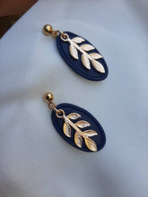 Load image into Gallery viewer, Navy and gold dangling earrings || leaf earrings || polymer clay earrings || handmade in Ireland || gifts for her
