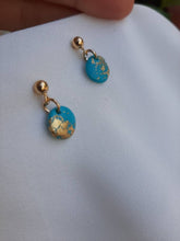 Load image into Gallery viewer, Dúil Dainty blue and gold dangling earrings || small earrings || handmade in Ireland || polymer clay earrings || lightweight earrings
