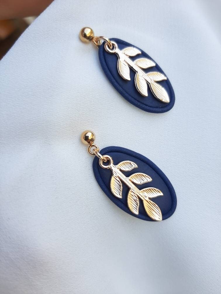 Navy and gold dangling earrings || leaf earrings || polymer clay earrings || handmade in Ireland || gifts for her