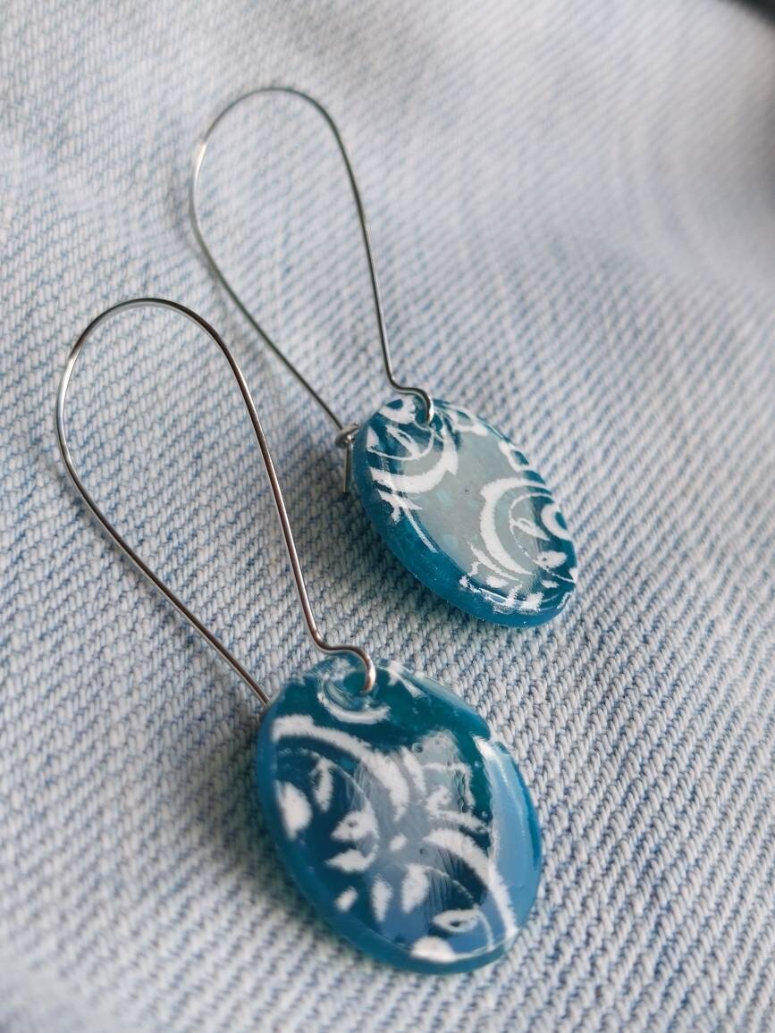 Semi translucent blue & white dangling earrings | Irish jewellery | Irish made jewellery | Dúil | handpainted jewellery