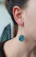 Load image into Gallery viewer, Semi translucent blue &amp; white dangling earrings | Irish jewellery | Irish made jewellery | Dúil | handpainted jewellery
